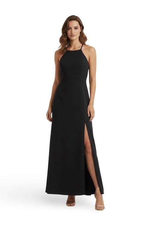VESTIDO MIDI DECOTE ALTO PRETO.